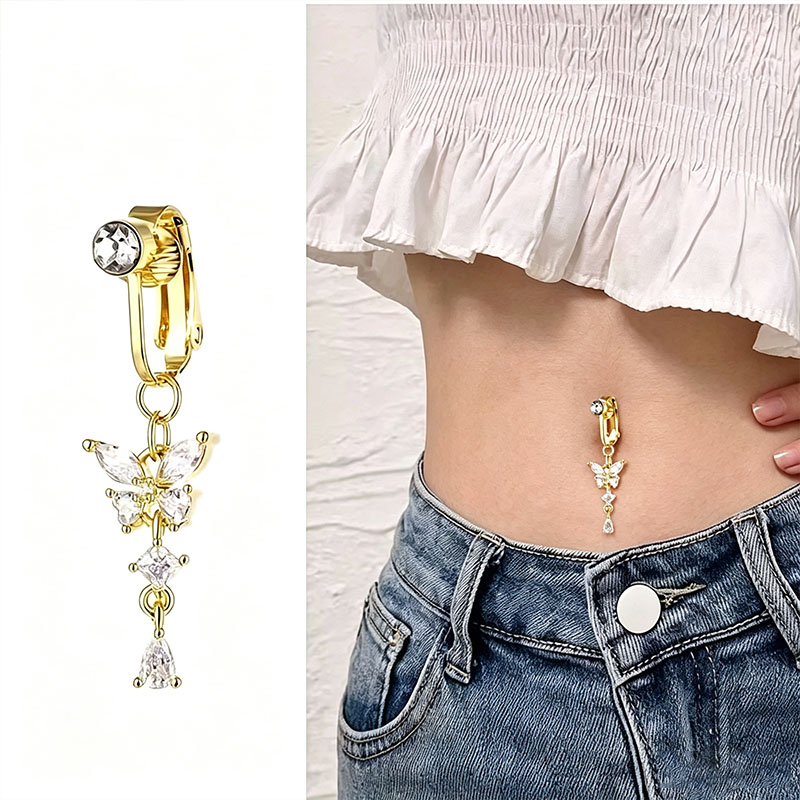 Body Jewelry Hoops - حلقة بطن مزيفة بتصميم فراشة مرصعة